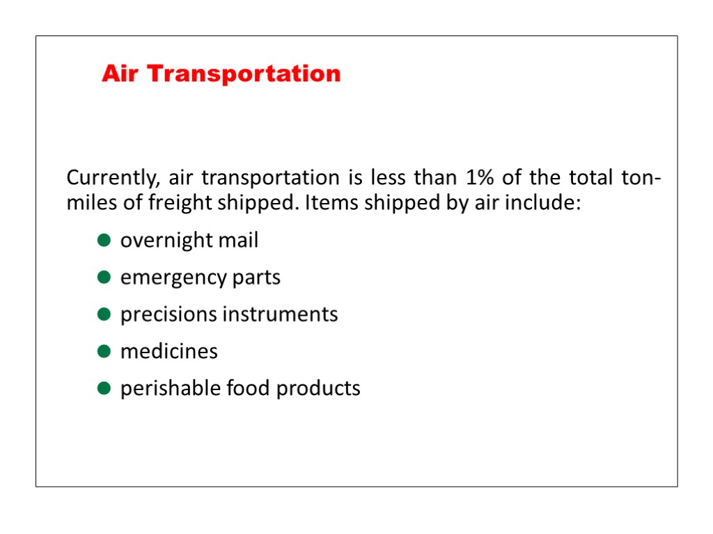 Currently, air transportation is less than 1% of the total ton-miles of freight shipped.